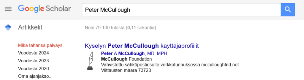 Viittausmääränsä perusteella Peter McCulloughia voitaneen pitää huippuasiantuntijana. Kuvakaappaus 13.2.2024.